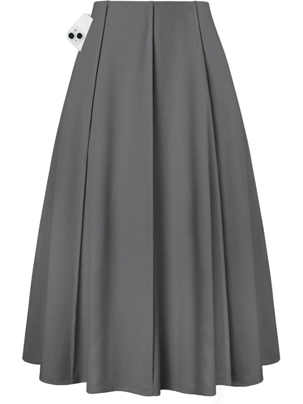 Women's Grey Panel-pleated High-waisted Deep Side Pockets A Line Flowy Skirt